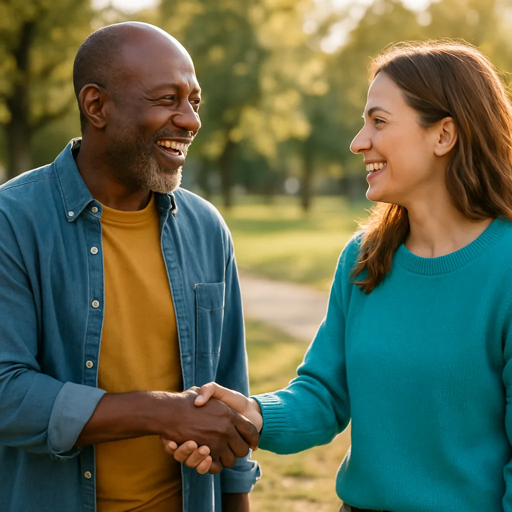 Two people meeting at a local park — genuinely local Cambridgeshire dating
