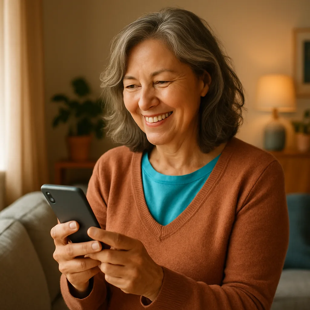 Smiling woman confidently checking her phone — verified profiles on The Cambridgeshire Dating Site